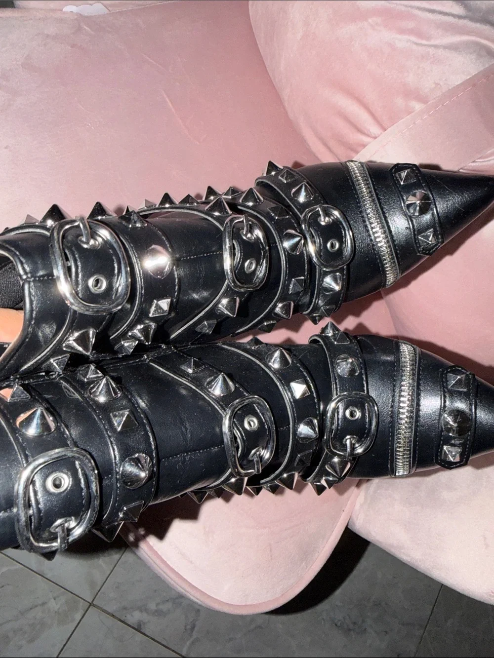 Black Studded Pointed Ankle Boots with Buckles - Women